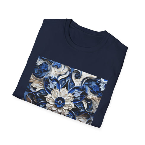 Porcelain blue blossom tee, soft cotton floral design for summer wardrobe.