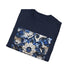 Porcelain blue blossom tee, soft cotton floral design for summer wardrobe.
