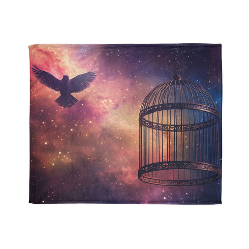 Bird Cage Floating Above Galaxy — Plush Fleece Throw Blanket — Draped Over Sofa & Bed Lifestyle View