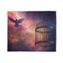 Bird Cage Floating Above Galaxy — Plush Fleece Throw Blanket — Draped Over Sofa & Bed Lifestyle View