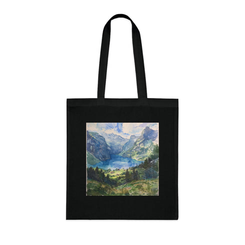 Alpine Majesty Tote Bag in Black Cotton with Swiss Alps Watercolor