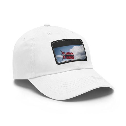 White cotton baseball cap with Norwegian flag patch for Nordic pride.