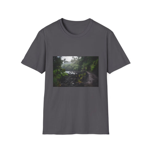 Charcoal crew neck T-shirt with vibrant tropical Maui-inspired design