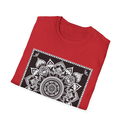Serene Mandala charcoal color T-shirt with intricate mandala design.