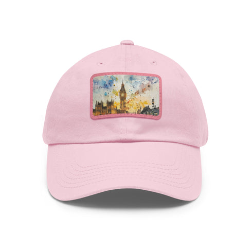 London Skyline watercolor baseball cap with white/light brown patch.