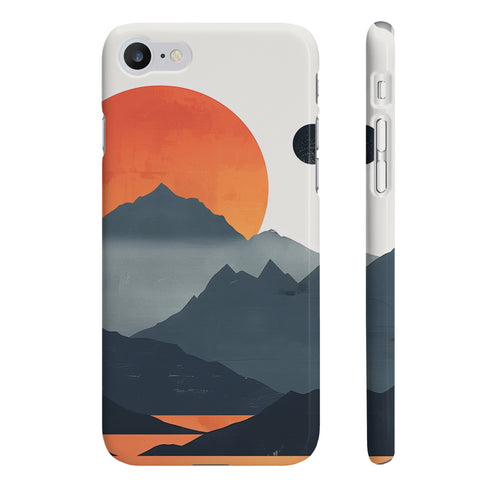 Silhouette mountain sunrise phone case, glossy finish for iPhone 7/8 Plus.