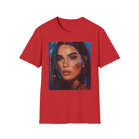 Charcoal cotton t-shirt featuring colorful Kendall Jenner runway portrait design