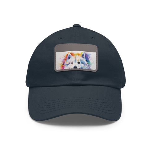 White Snapback Hat with Fluffy Samoyed Patch