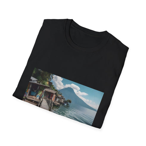 Charcoal cotton T-shirt with tranquil Lake Atitlan tapestry graphic