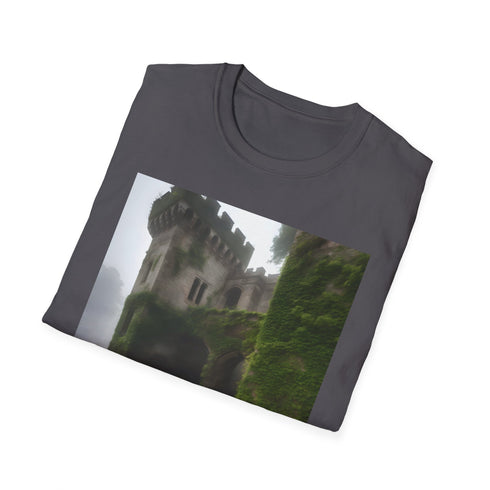 Charcoal cotton t-shirt with medieval castle and ivy graphic