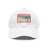 Futuristic city skyline white baseball cap with light brown patch.