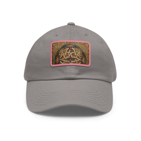 White Celtic Knot baseball cap with light brown patch and unique design.