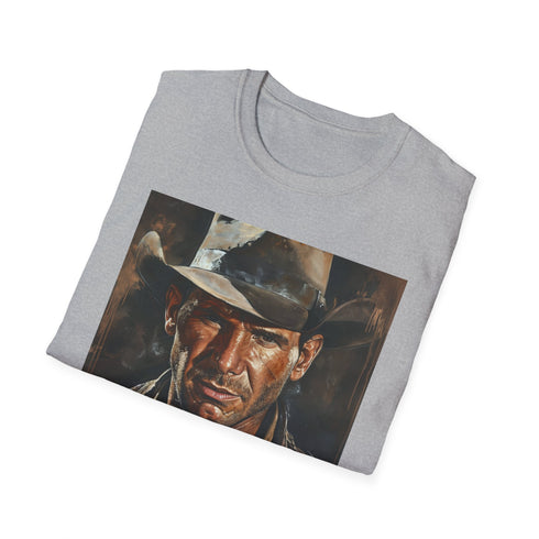 Charcoal Indiana Jones painting T-shirt with vibrant colors DTG crew neck