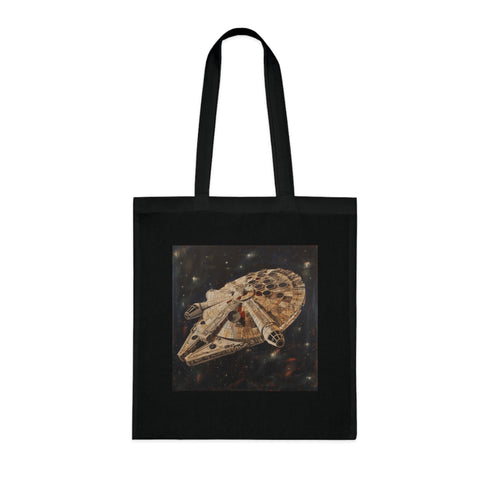Black cotton Kessel Run Tote Bag featuring Millennium Falcon graphic.