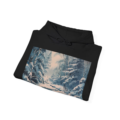Winter Serene Hoodie in Navy, Size Small, snow-covered landscape design.