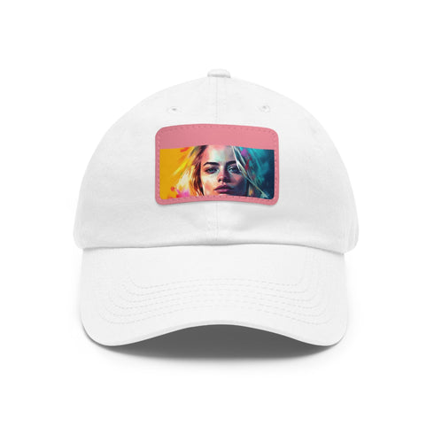 Neon colored cotton hat with light brown patch and rectangle shape.