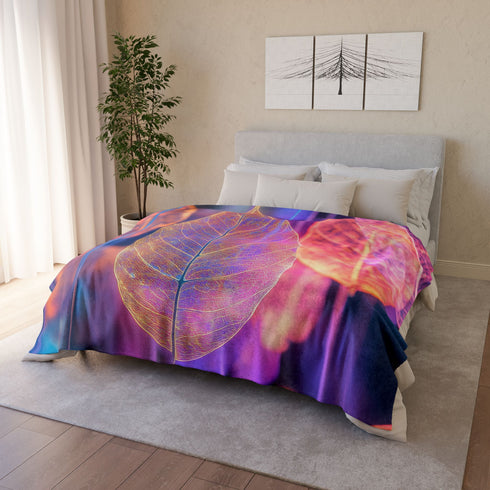Dreamscape with Levitating Neon Leaves — Plush Fleece Throw Blanket — Product Detail View 12