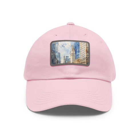 White Chicago Skyline baseball cap with watercolor landmarks, perfect for Windy City fans.