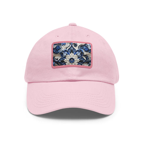 Midnight cerulean porcelain baseball cap in white with light brown patch.