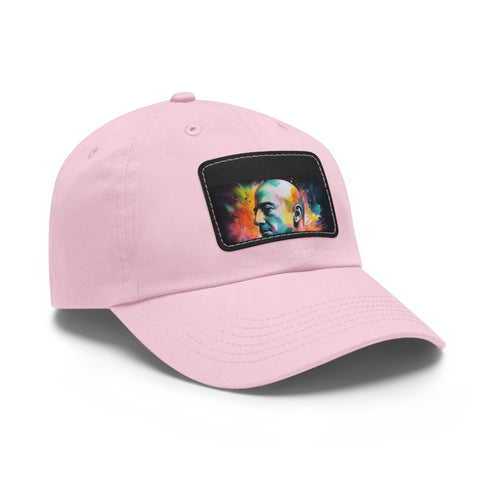 Neon watercolor Jeff Bezos cap in white with light brown patch.