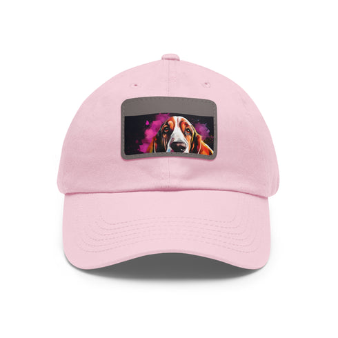 Basset Hound baseball cap with cute puppy embroidery on white.