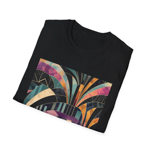 Charcoal cotton t-shirt with vibrant abstract art deco geometric patterns