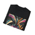 Charcoal cotton t-shirt with vibrant abstract art deco geometric patterns
