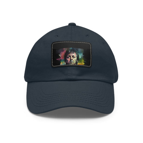 Neon watercolor Paul McCartney baseball cap, white with light brown patch.