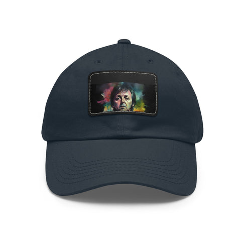 Neon watercolor Paul McCartney baseball cap, white with light brown patch.
