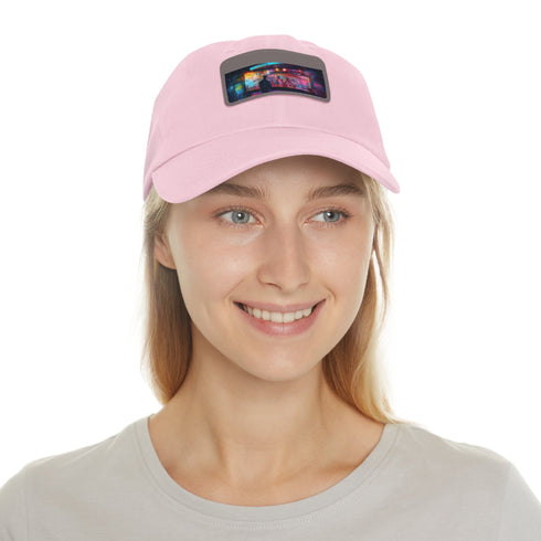 Bright neon watercolor splash baseball cap with light brown patch.