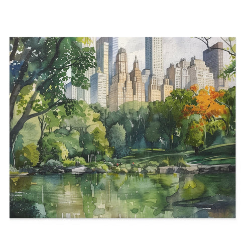 Central Park watercolor jigsaw puzzle with tranquil scenery and vibrant colors.