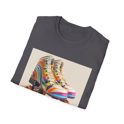 Roller skate retro t-shirt in charcoal with vibrant colorful stripes.