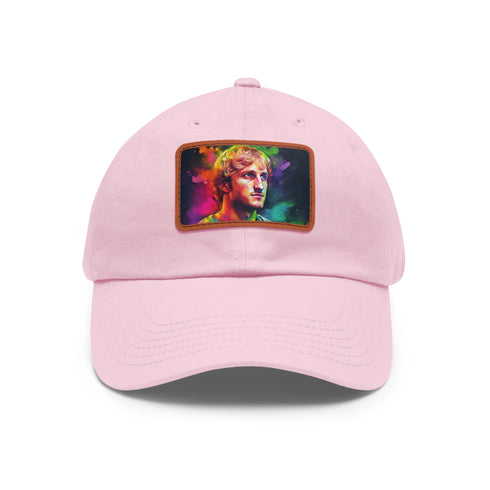 White Logan Paul hat with light brown patch and rectangular shape.