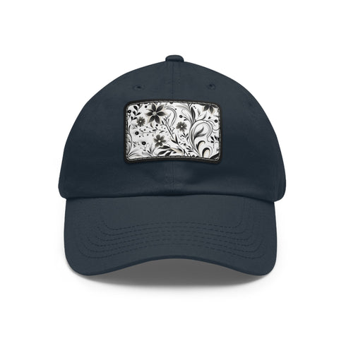 Monochrome baseball cap with repeating pattern design, white/light brown rectangle patch.
