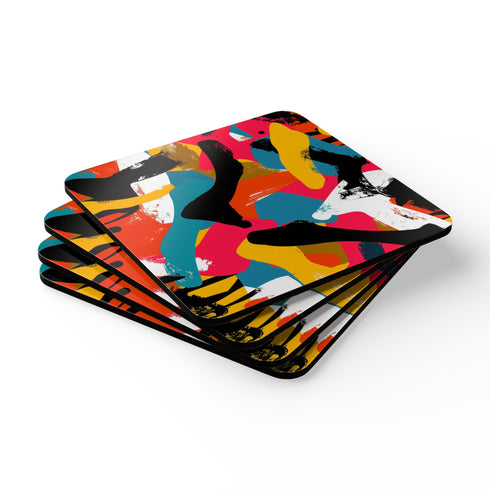 Bold abstract bright square coaster set for kitchen and desk.