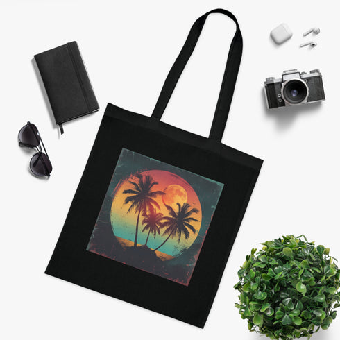 California Dreaming Tote Bag in Black Cotton with Sunset Palm Trees