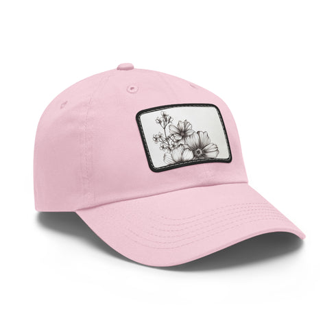 Floral Hand-drawn White Baseball Cap with Light Brown Patch