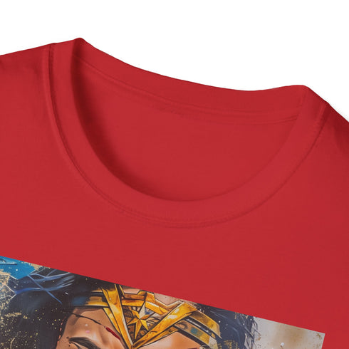 Charcoal crew neck t-shirt with vibrant Wonder Woman portrait inspiring strength
