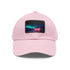 Neon watercolor charm baseball cap with white rectangle patch; unisex vegan.