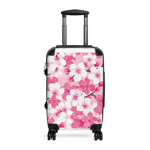 Cherry blossom printed small black suitcase for stylish spring travel.