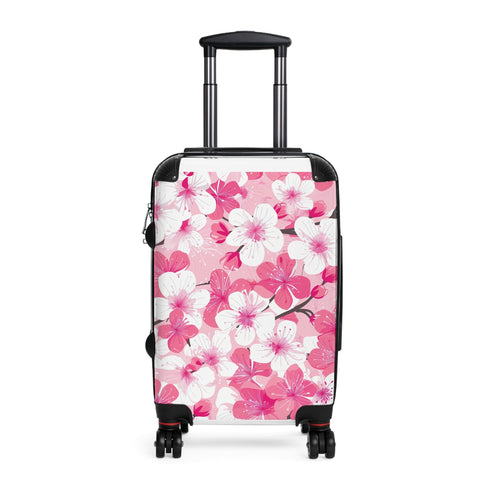 Cherry Blossom Small Black Suitcase: Elegant Pink & White Pattern Travel Bag