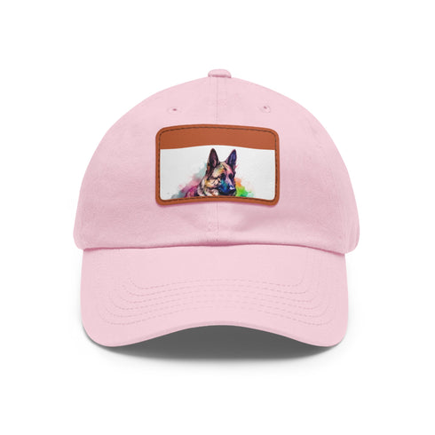 German Shepherd themed white baseball cap with light brown patch.