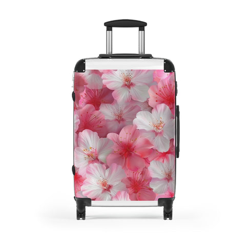 Pink and white cherry blossom print small suitcase for stylish travelers.