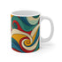 Retro Waves Coffee Mug: Colorful 11 oz ceramic mug with vibrant waves.