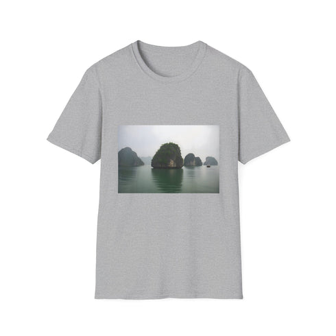 Charcoal crew neck cotton t-shirt with serene Halong Bay landscape design