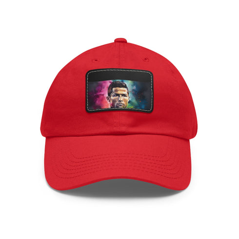 Colorful neon watercolor Ronaldo cap with white/light brown patch.