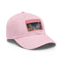 Stylish white baseball cap with light brown patch and rectangle design.