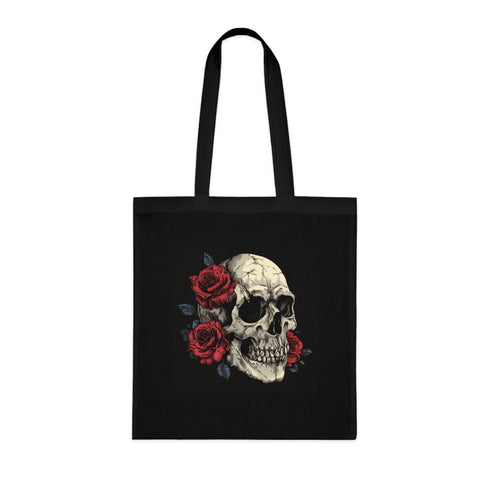Gothic skull and rose design black cotton tote bag.