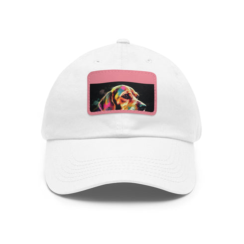 White Beagle graphic baseball cap, rectangle shape, cotton material.