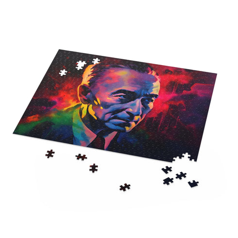 Neon watercolor Oppenheimer jigsaw puzzle with vibrant colors and historical theme.
